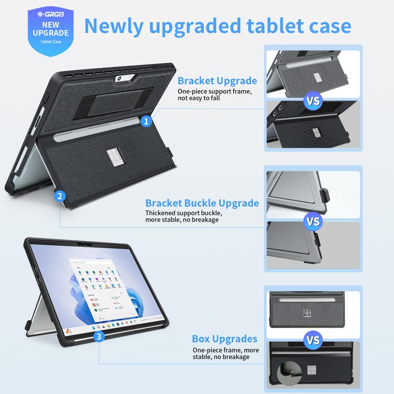 SSSÂ·GRGB Case fit Microsoft Surface Pro 11/10/9/8 13-Inch, with Stent Cover, Hand Strap, All-in-one Rugged Case Compatible with Type Cover Keyboards, Black - Image 4