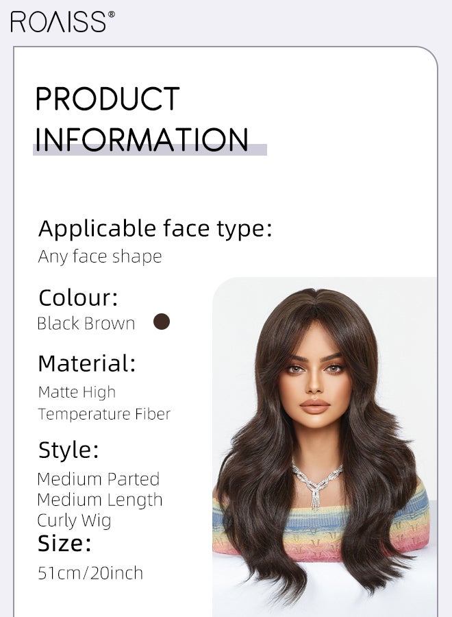 رويس باروكة شعر مستعار مجعد متوسط ​​الطول باللون الأسود والبني، للنساء، مفروقة من المنتصف، شعر صناعي طبيعي ناعم مقاوم للحرارة، مناسبة لحفلات الزفاف والتنكر، للاستخدام اليومي، 51 سم (20 بوصة) - Image 3