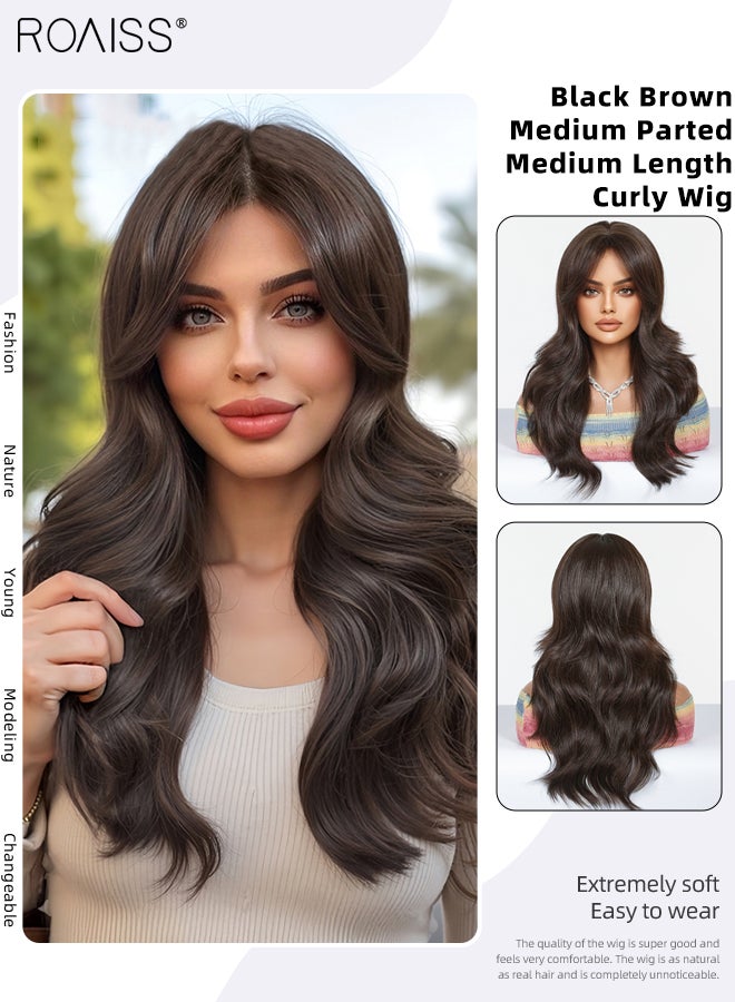 رويس باروكة شعر مستعار مجعد متوسط ​​الطول باللون الأسود والبني، للنساء، مفروقة من المنتصف، شعر صناعي طبيعي ناعم مقاوم للحرارة، مناسبة لحفلات الزفاف والتنكر، للاستخدام اليومي، 51 سم (20 بوصة) - Image 1