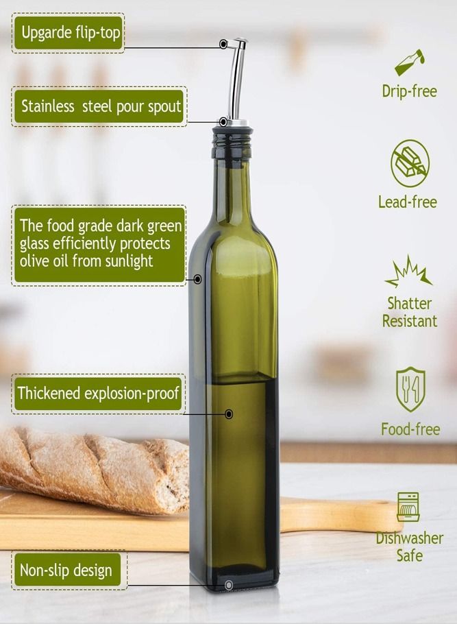 AMERTEER 17oz/500ml Olive Oil Dispenser Bottle for Kitchen – Premium Glass Cruet for Oil & Vinegar with Airtight Non-Drip Pourers and Funnel - Image 4