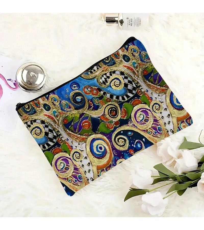 Rectangle Klimt Print Makeup Bag With Zipper 22cm Stylish Austrian Artist Cosmetic Pouch For Travel Gym Compact Gift For Art Fans - Image 2
