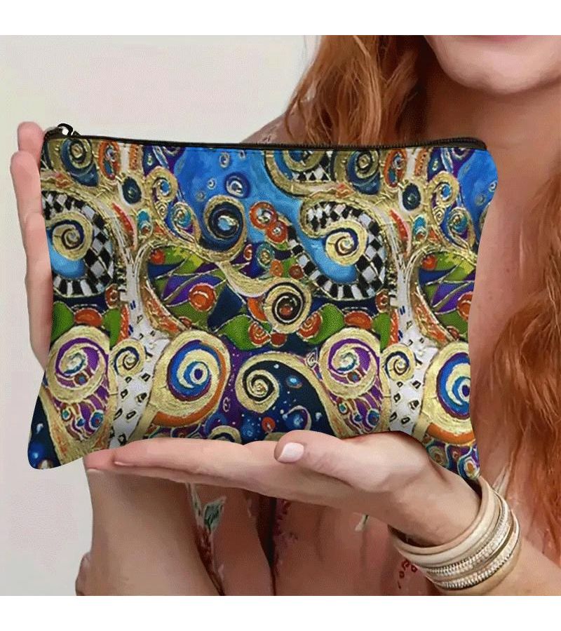 Rectangle Klimt Print Makeup Bag With Zipper 22cm Stylish Austrian Artist Cosmetic Pouch For Travel Gym Compact Gift For Art Fans - Image 1