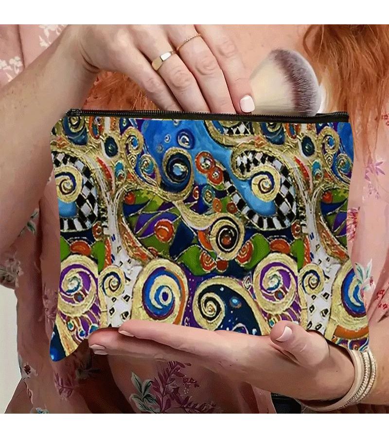 Rectangle Klimt Print Makeup Bag With Zipper 22cm Stylish Austrian Artist Cosmetic Pouch For Travel Gym Compact Gift For Art Fans - Image 4