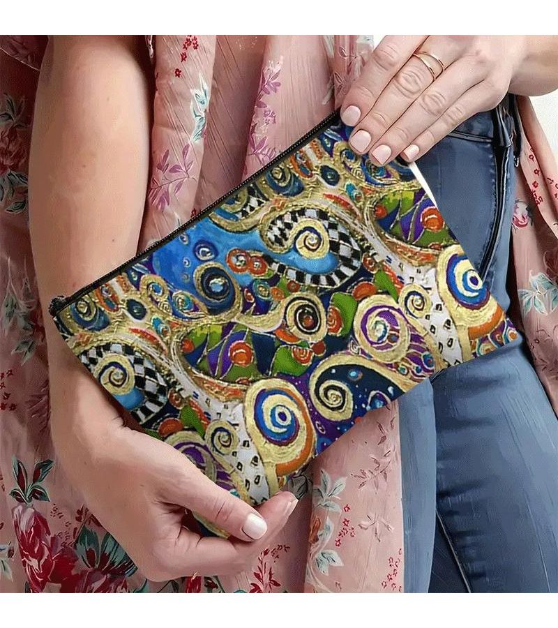 Rectangle Klimt Print Makeup Bag With Zipper 22cm Stylish Austrian Artist Cosmetic Pouch For Travel Gym Compact Gift For Art Fans - Image 5