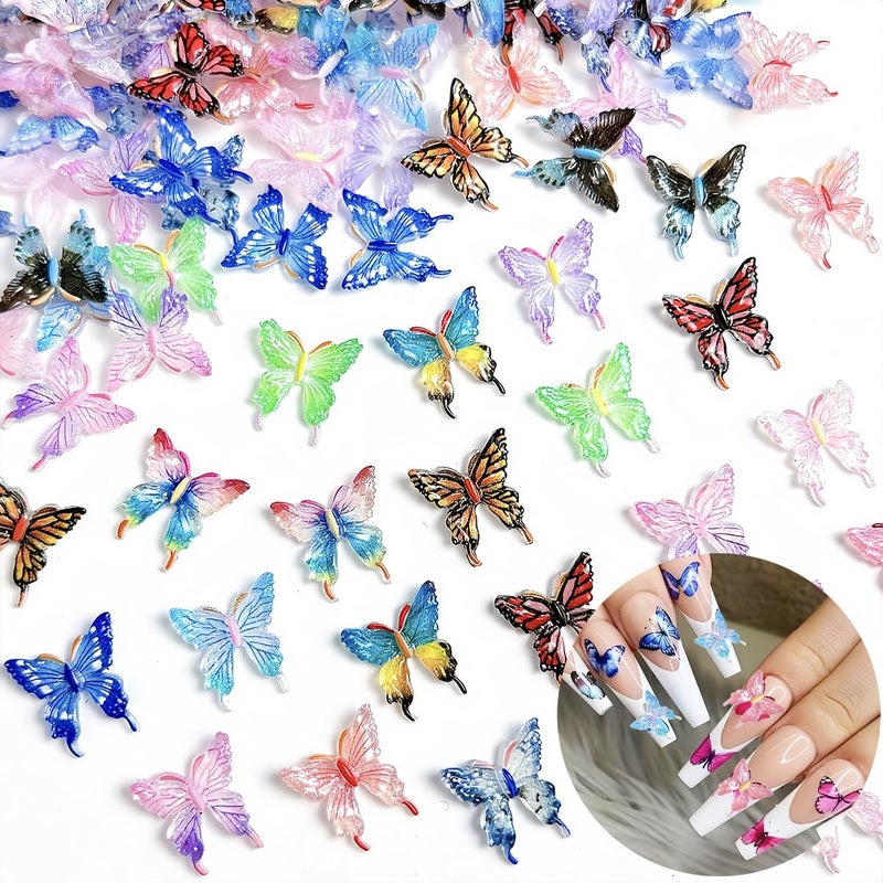 SHUXILIN 50Pcs Butterfly Nail Charms for Nails Butterfly Nails Rhinestones Spring Summer Butterflies Resin Nails Gem Jewelry 3D Mixed Colorful Butterflies Nail Art Supplies for Women Girls Manicure Decoration - Image 2