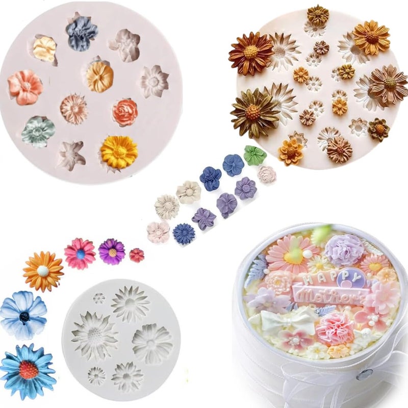 LEGACYCART Pack of 3 Flower Fodant Mould Daisy Sunflower Chrysanthemum Succulent Flower Fondant Sugar Mould Chocolate Craft Molds for Cake Decorations Birthday Wedding Party DIY Craftng Projects - Image 1