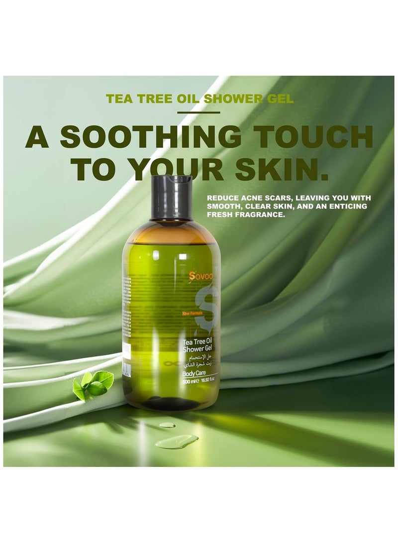 SAVOO Tea Tree Oil Shower Gel 500ml – Natural Body Wash for Soothing Skin, Reduces Redness & Acne Scars, Antibacterial, Refreshing Scent – For Men & Women - Image 3