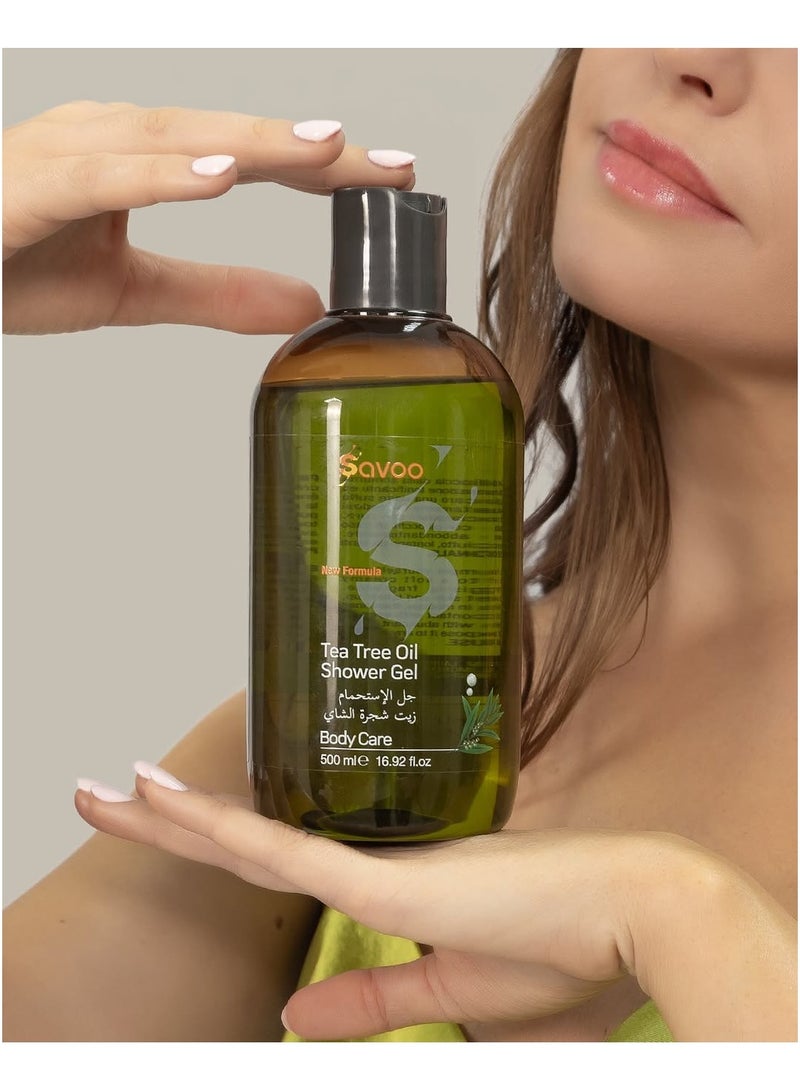 SAVOO Tea Tree Oil Shower Gel 500ml – Natural Body Wash for Soothing Skin, Reduces Redness & Acne Scars, Antibacterial, Refreshing Scent – For Men & Women - Image 4