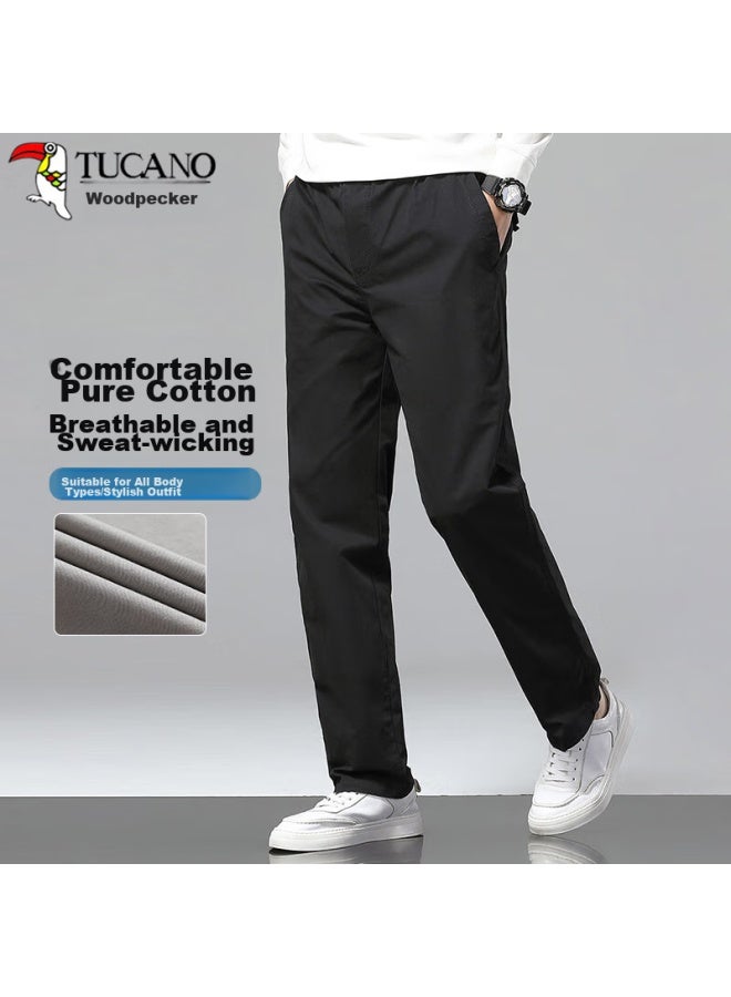 Tucano Casual Pants For Men, Summer Pure Cotton Breathable Comfortable Straight-leg Trousers, Business Elastic Slim-fit Long Pants, Men's Clothing, Black XL - Image 1