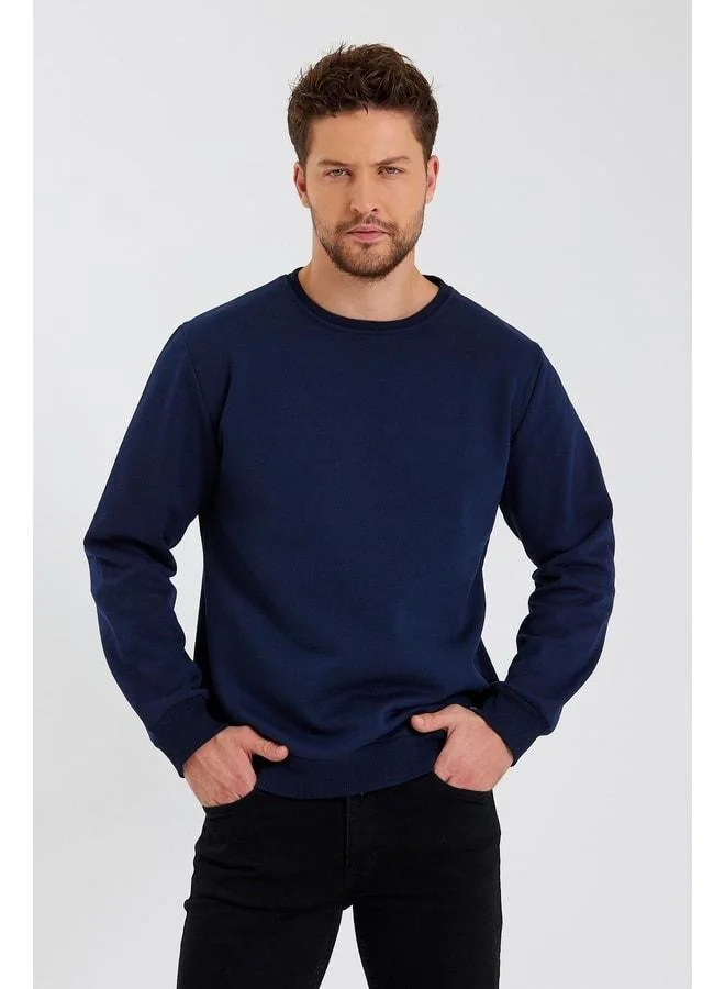 Mmetalic  Men's Navy Crewneck Sweatshirt with Label Detail and Cotton Interior for Men | Best Price UAE