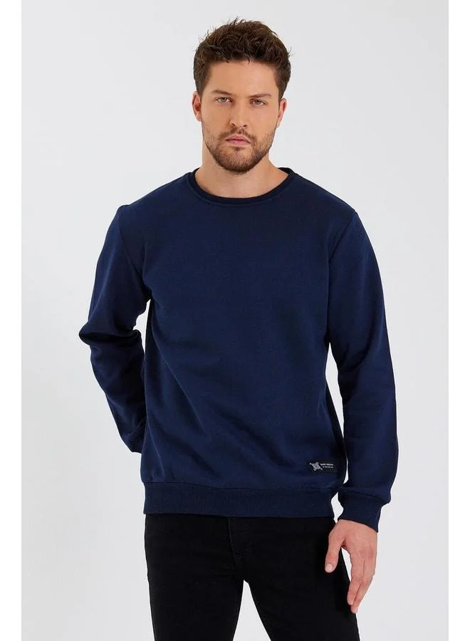 Men's Navy Crewneck Sweatshirt with Label Detail and Cotton Interior