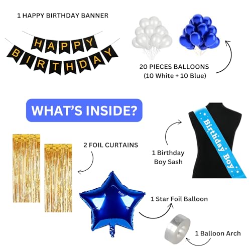 KITTER Blue Birthday Boy Sash Birthday Decoration Set For Boys, With 1 Blue Star Foil Balloon, 2 Golden Foil Curtains, 20 Balloons (Blue & White), 1 Happy Birthday Banner, 1 Balloon Arch, Party Decor - Image 2