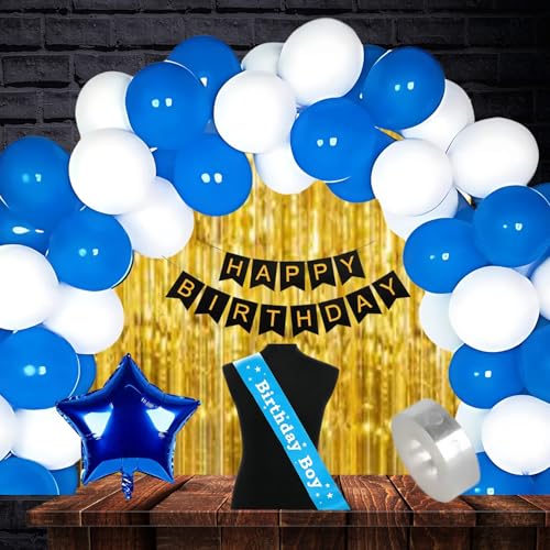 KITTER Blue Birthday Boy Sash Birthday Decoration Set For Boys, With 1 Blue Star Foil Balloon, 2 Golden Foil Curtains, 20 Balloons (Blue & White), 1 Happy Birthday Banner, 1 Balloon Arch, Party Decor - Image 1