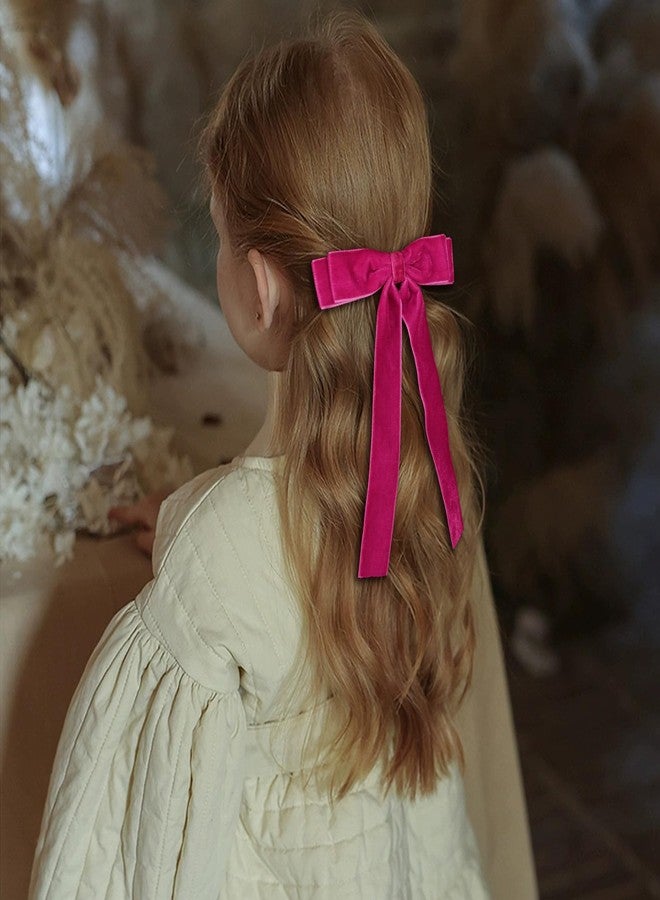 Miroksh Velvet Ribbon Hair Bows Clips 4pc Assorted Colors 2 Sizes 4.5" & 3.14" Long Tail Dress Bow Alligator Barrettes,School Uniform Ponytail Accessory for Girls Kids Teens Women Gift Set (Hot Pink) - Image 4