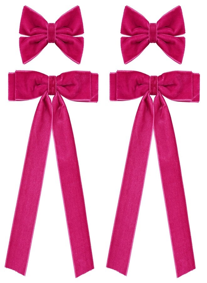 Miroksh Velvet Ribbon Hair Bows Clips 4pc Assorted Colors 2 Sizes 4.5" & 3.14" Long Tail Dress Bow Alligator Barrettes,School Uniform Ponytail Accessory for Girls Kids Teens Women Gift Set (Hot Pink) - Image 1