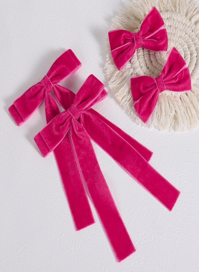 Miroksh Velvet Ribbon Hair Bows Clips 4pc Assorted Colors 2 Sizes 4.5" & 3.14" Long Tail Dress Bow Alligator Barrettes,School Uniform Ponytail Accessory for Girls Kids Teens Women Gift Set (Hot Pink) - Image 2