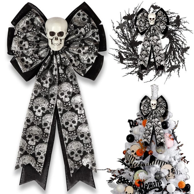 Skull Gothic DecorHalloween Bows for Wreaths Decorations Halloween Tree Topper Bow Decorative Bow with Skull Glitter Silver Black Burlap for Fall Home Front Door Outdoor