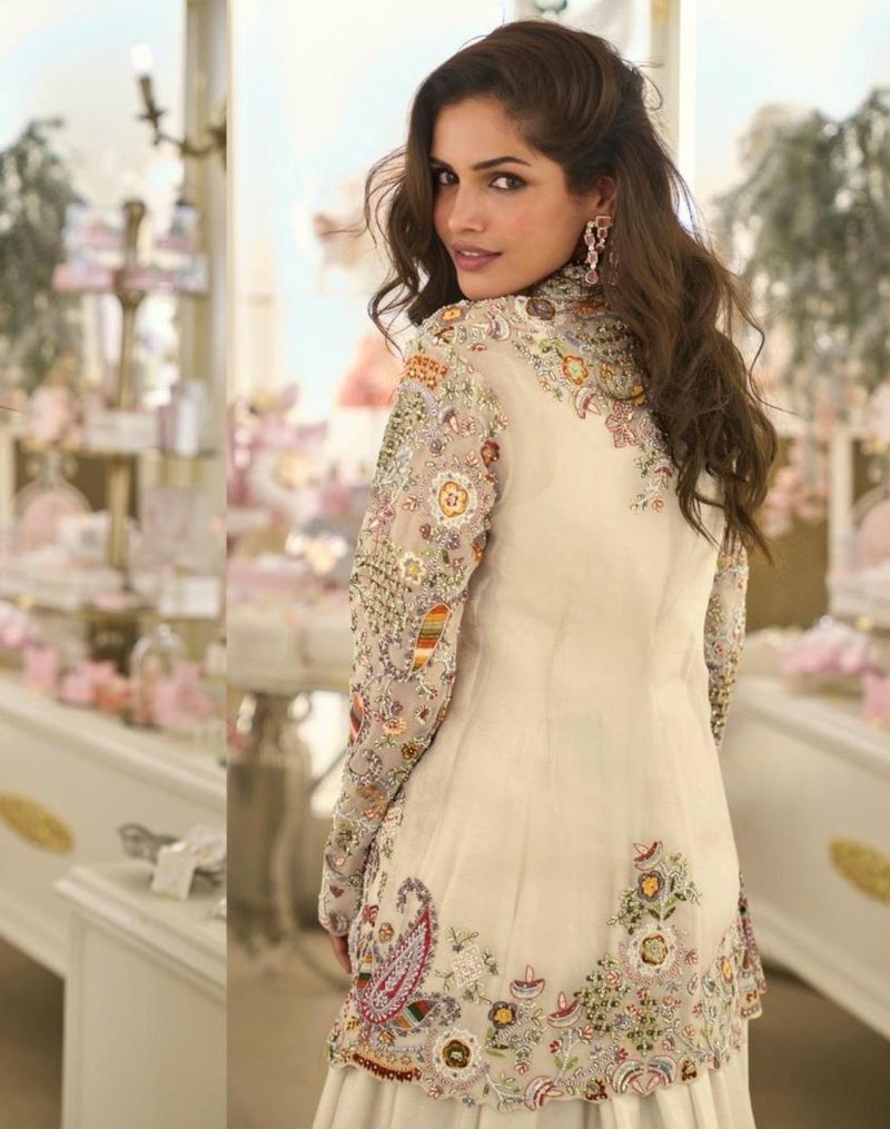 ANAITA Off White Silk Free Size Stitched Suit with Embroidery Work - Image 4