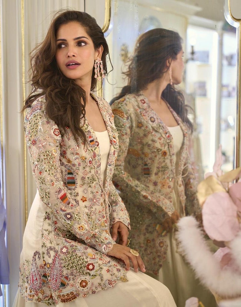 ANAITA Off White Silk Free Size Stitched Suit with Embroidery Work - Image 3
