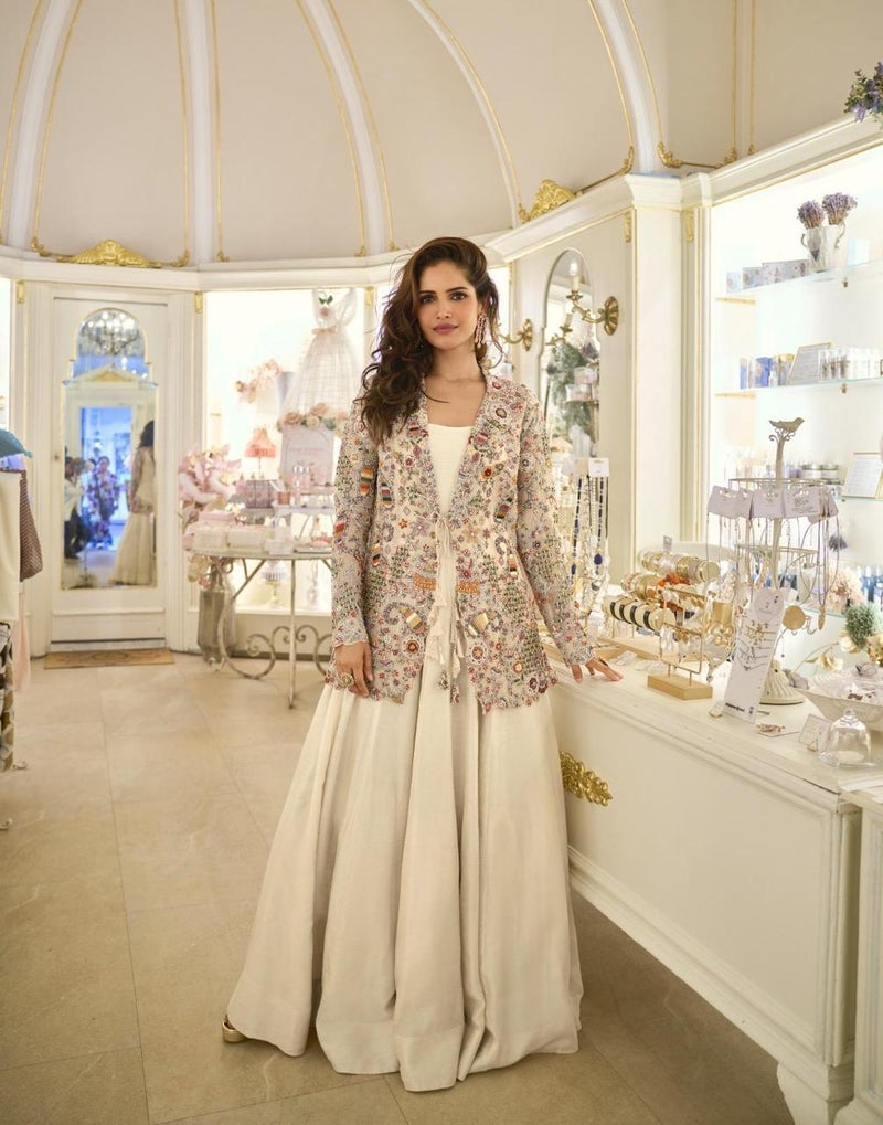 ANAITA Off White Silk Free Size Stitched Suit with Embroidery Work - Image 1