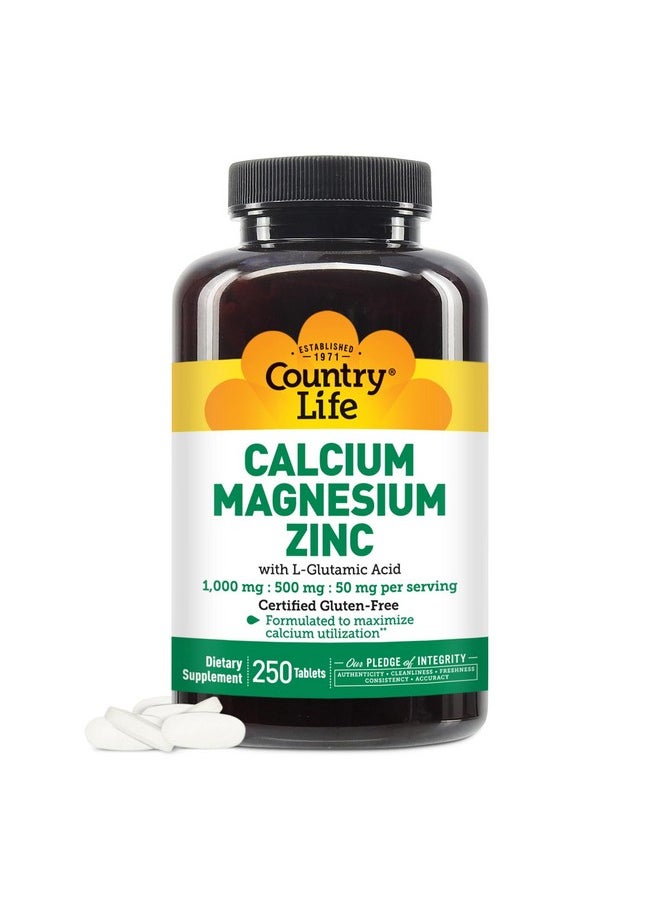 كانتري لايف Country Life Calcium Magnesium Zinc with Vitamin D3 and L-Glutamic Acid, مكمل غذائي لدعم العظام، معتمد خالٍ من الجلوتين، 1000 مجم/500 مجم/50 مجم، 250 قرصًا  - Image 1