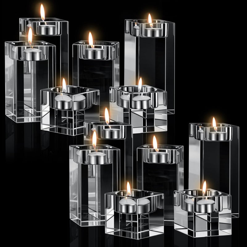 Perthlin 12 Pcs Crystal Tea Light Candle Holders Glass Votive Candle Stands Square Candlestick Holders for Wedding Dining Living Room Centerpiece Decorations 157 315 394