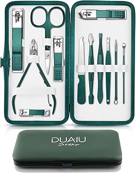 DUAIU Nail Clippers Manicure Set DUAIU 12PCs Professional Nail Clipper Set Stainless Steel Pedicure Kit for Men Women Nail Care Tools Grooming Kit with Travel Case Green - Image 1
