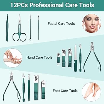 DUAIU Nail Clippers Manicure Set DUAIU 12PCs Professional Nail Clipper Set Stainless Steel Pedicure Kit for Men Women Nail Care Tools Grooming Kit with Travel Case Green - Image 2