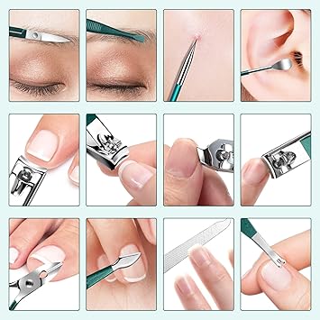 DUAIU Nail Clippers Manicure Set DUAIU 12PCs Professional Nail Clipper Set Stainless Steel Pedicure Kit for Men Women Nail Care Tools Grooming Kit with Travel Case Green - Image 4