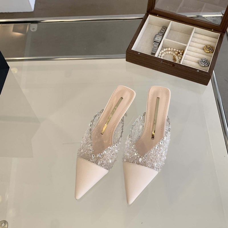 528-5 Korean Style Outdoor Slippers Girl Rhinestone Heavy Work Chunky Heel Pointed High Heels For Women - Image 1