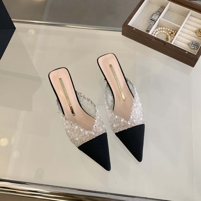 528-5 Korean Style Outdoor Slippers Girl Rhinestone Heavy Work Chunky Heel Pointed High Heels For Women - Image 2