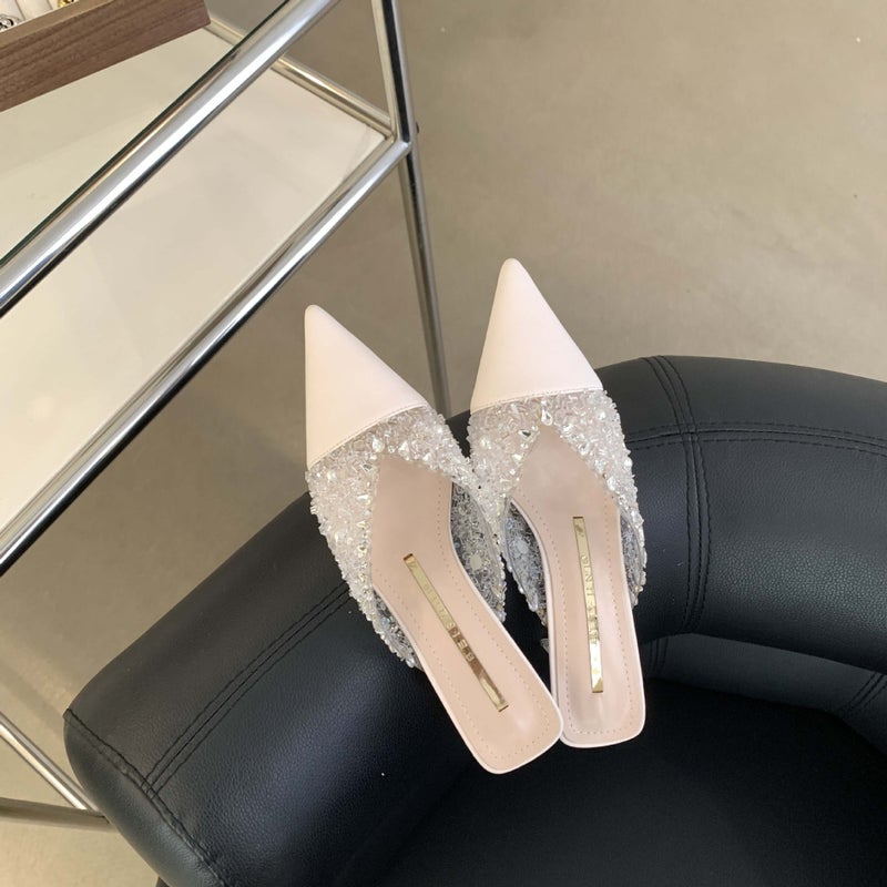 528-5 Korean Style Outdoor Slippers Girl Rhinestone Heavy Work Chunky Heel Pointed High Heels For Women - Image 4