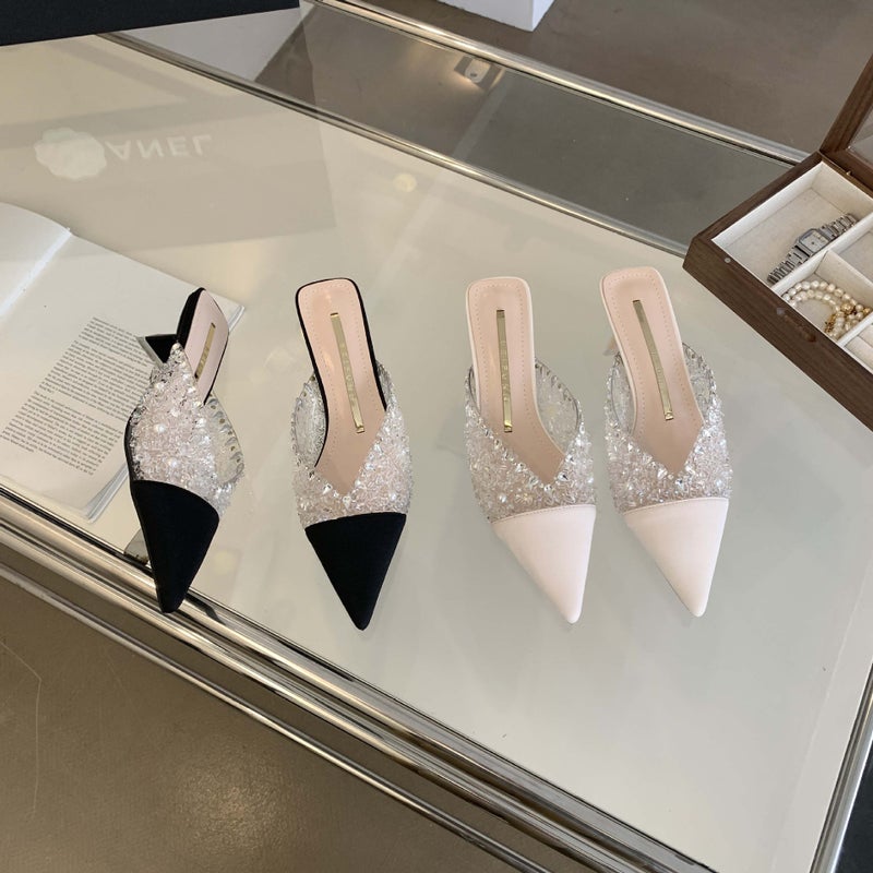 528-5 Korean Style Outdoor Slippers Girl Rhinestone Heavy Work Chunky Heel Pointed High Heels For Women - Image 5
