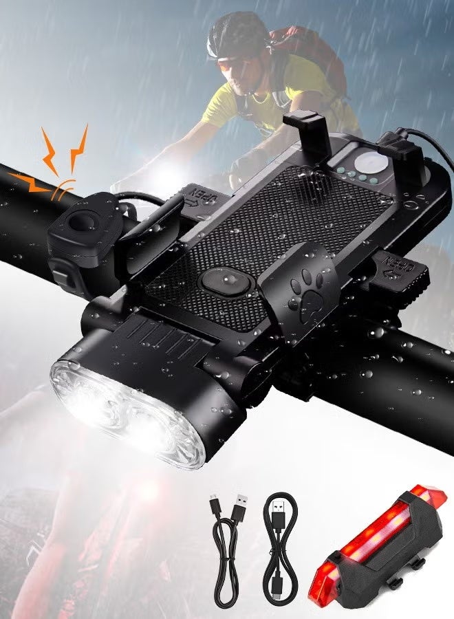 مجموعة مصابيح دراجة 4 في 1، مصباح أمامي فائق السطوع 600 لومن ومصابيح خلفية خلفية مع بطارية 3000 مللي أمبير في الساعة وبنك طاقة/حامل هاتف/بوق/أوضاع إضاءة متعددة/مضاد للماء، سهلة التركيب، مجموعة مصابيح دراجة قابلة لإعادة الشحن عبر USB لركوب الدراجات الليلية على الطرق الجبلية - Image 1