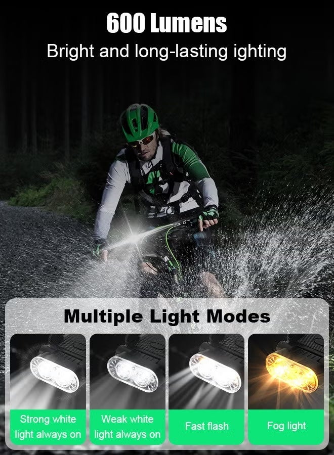 مجموعة مصابيح دراجة 4 في 1، مصباح أمامي فائق السطوع 600 لومن ومصابيح خلفية خلفية مع بطارية 3000 مللي أمبير في الساعة وبنك طاقة/حامل هاتف/بوق/أوضاع إضاءة متعددة/مضاد للماء، سهلة التركيب، مجموعة مصابيح دراجة قابلة لإعادة الشحن عبر USB لركوب الدراجات الليلية على الطرق الجبلية - Image 3