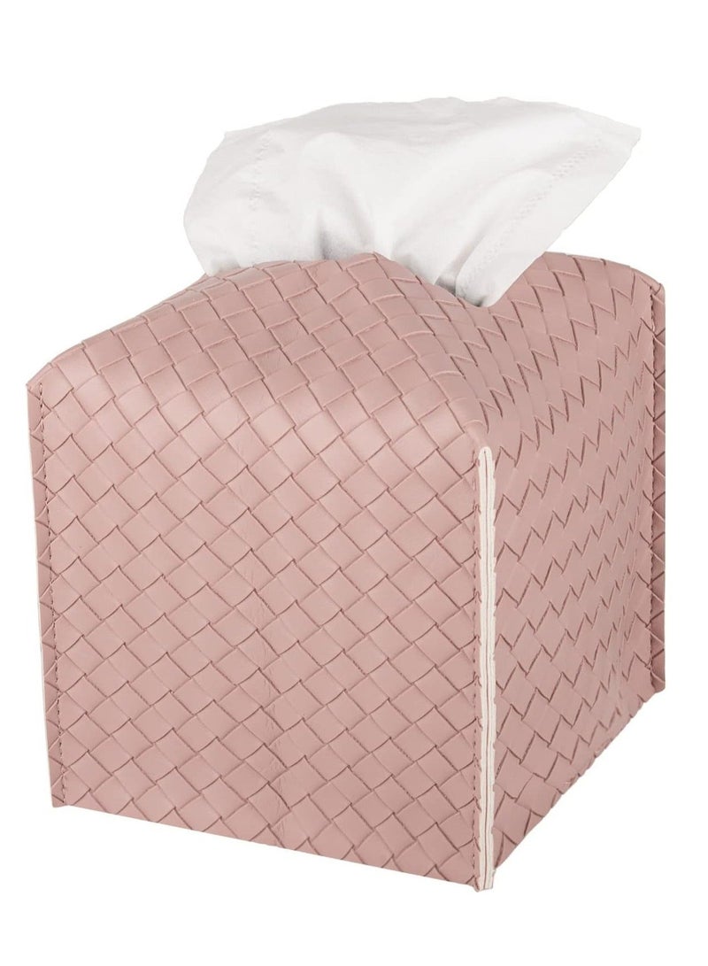 Y&D Tissue Box, PU Leather Woven Square Kleenex Storage Organizer Rack For Bathroom Dresser Desktop Car Desk Bedroom Pink  - Image 1