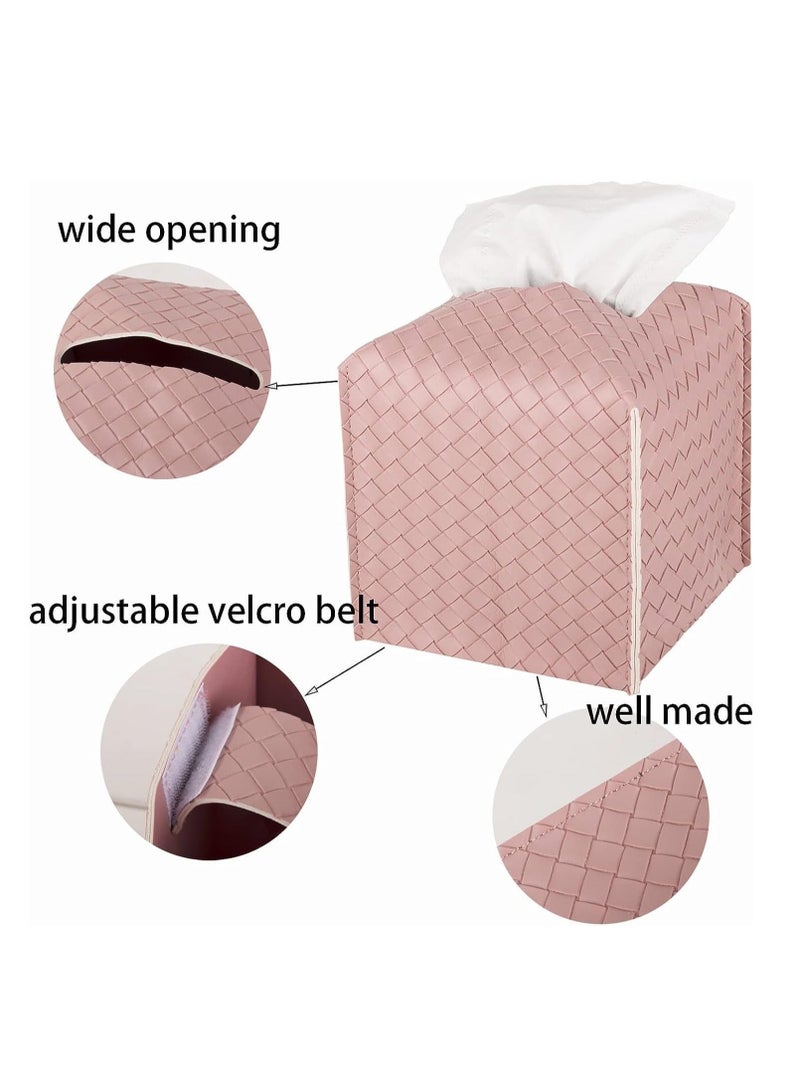 Y&D Tissue Box, PU Leather Woven Square Kleenex Storage Organizer Rack For Bathroom Dresser Desktop Car Desk Bedroom Pink  - Image 2