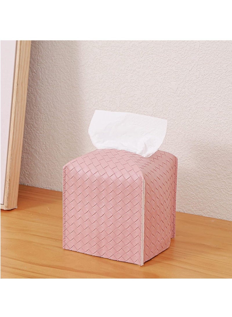 Y&D Tissue Box, PU Leather Woven Square Kleenex Storage Organizer Rack For Bathroom Dresser Desktop Car Desk Bedroom Pink  - Image 4