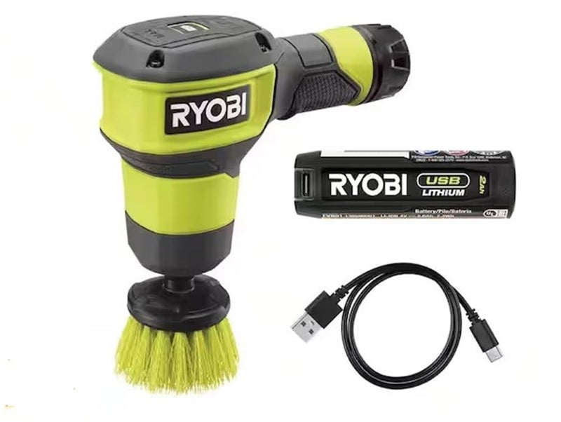 Ryobi طقم فرشاة تنظيف مضغوط من ريوبي مع بطارية ليثيوم USB سعة 20 Ah وكابل شحن USB وفرشاة شعيرات متوسطة 2 إنش باللون الأخضر