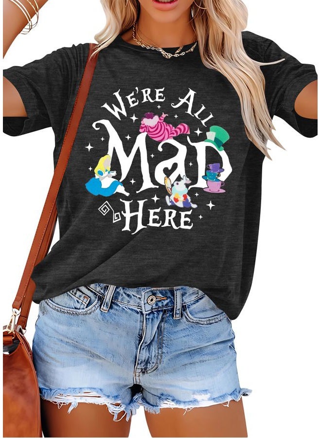 BANGELY Magical Shirt Women Magic Princess T-Shirt We're All Mad Here Fairy Graphic Shirts Vacation Party Casual Short Sleeve Top, Grey, L - Image 1