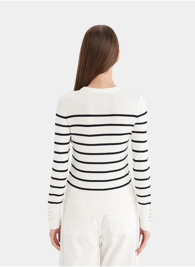 ديفاكتو Striped Crew Neck Regular Fit Sweater by Styli
