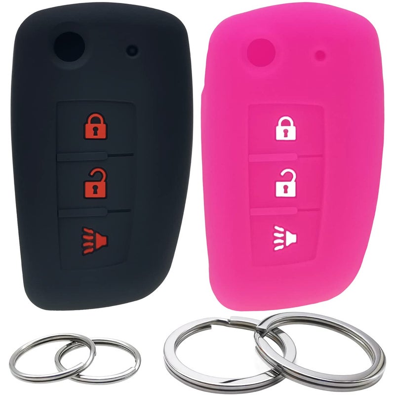 GFDesign 2 Pcs Silicone 3 Buttons Key Fob Cover Remote Case Keyless Protector Compatible with Nissan RogueRogue SelectRogue Sport CWTWB1G767 Black  Hot Pink
