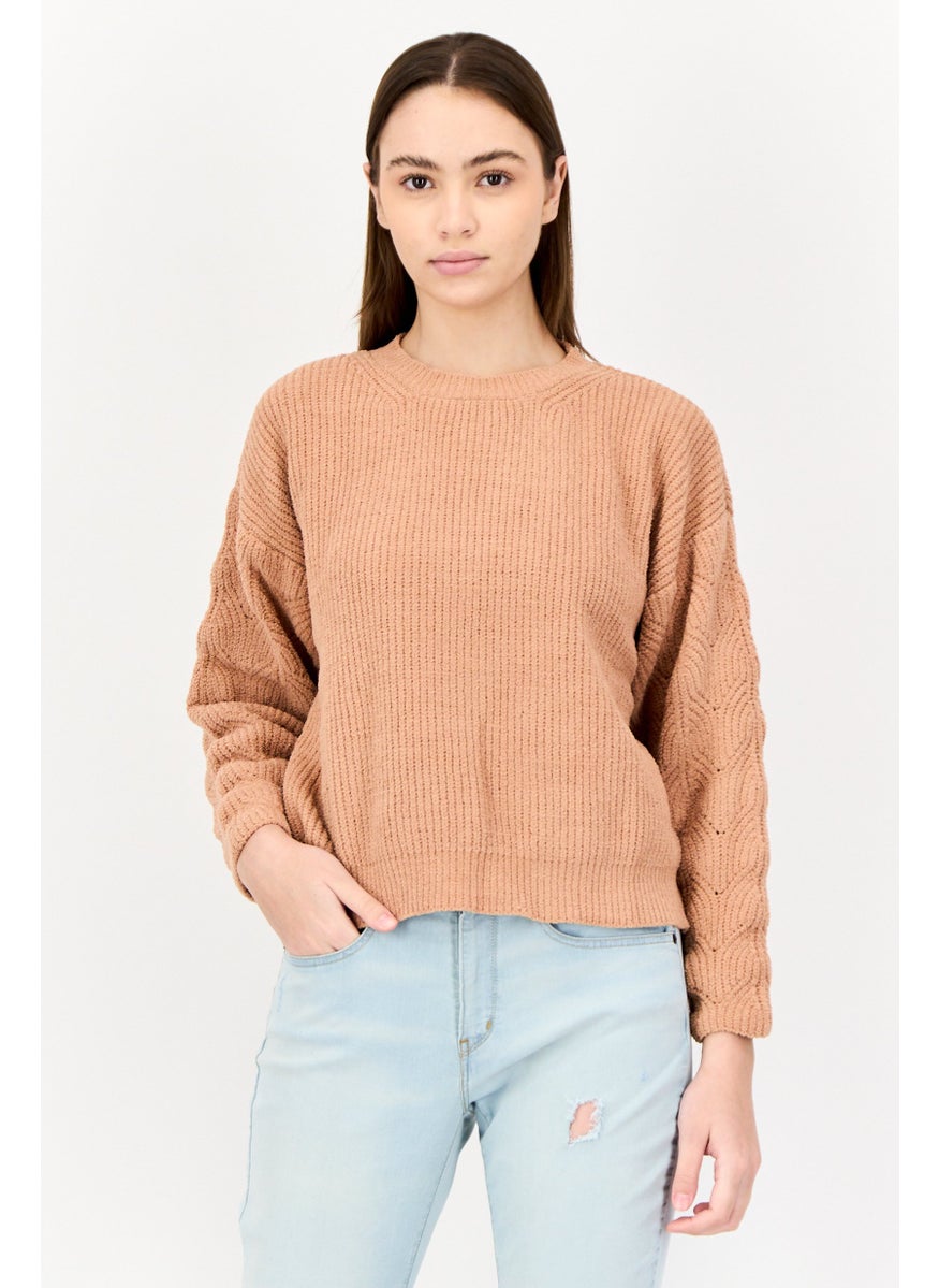 POOF Women Crew Neck Knitted Sweater, Light Brown  - Image 1