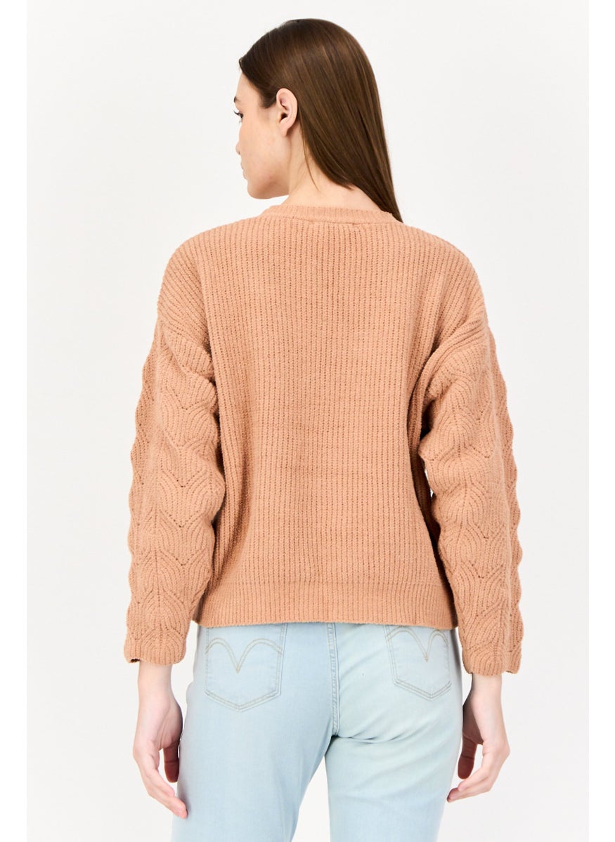 POOF Women Crew Neck Knitted Sweater, Light Brown  - Image 3