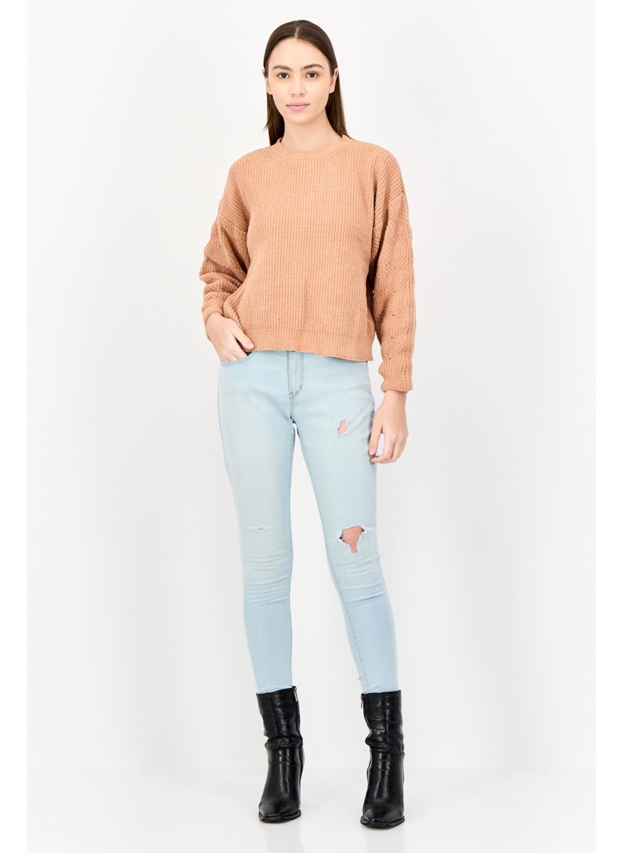 POOF Women Crew Neck Knitted Sweater, Light Brown  - Image 4