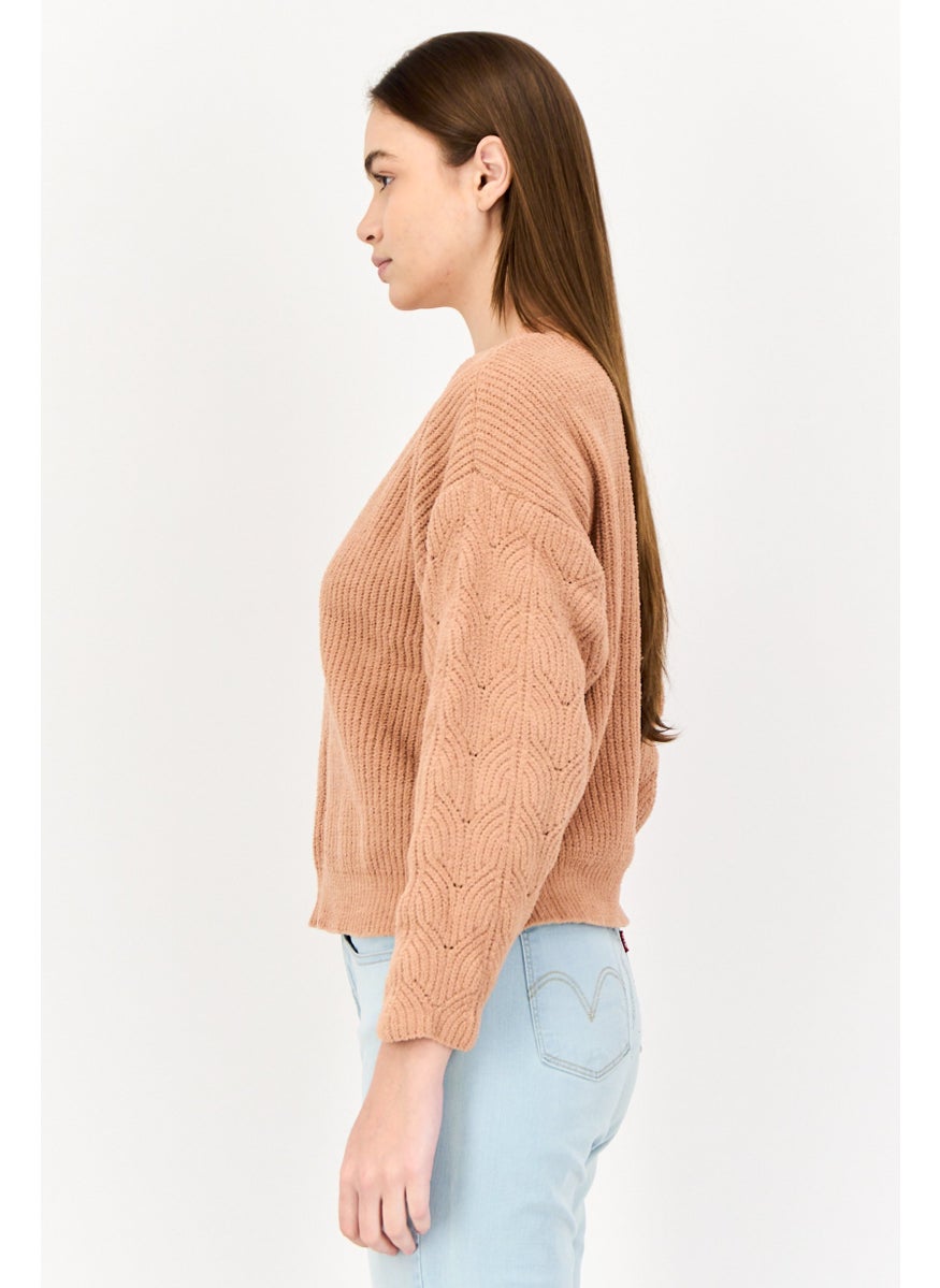 POOF Women Crew Neck Knitted Sweater, Light Brown  - Image 2