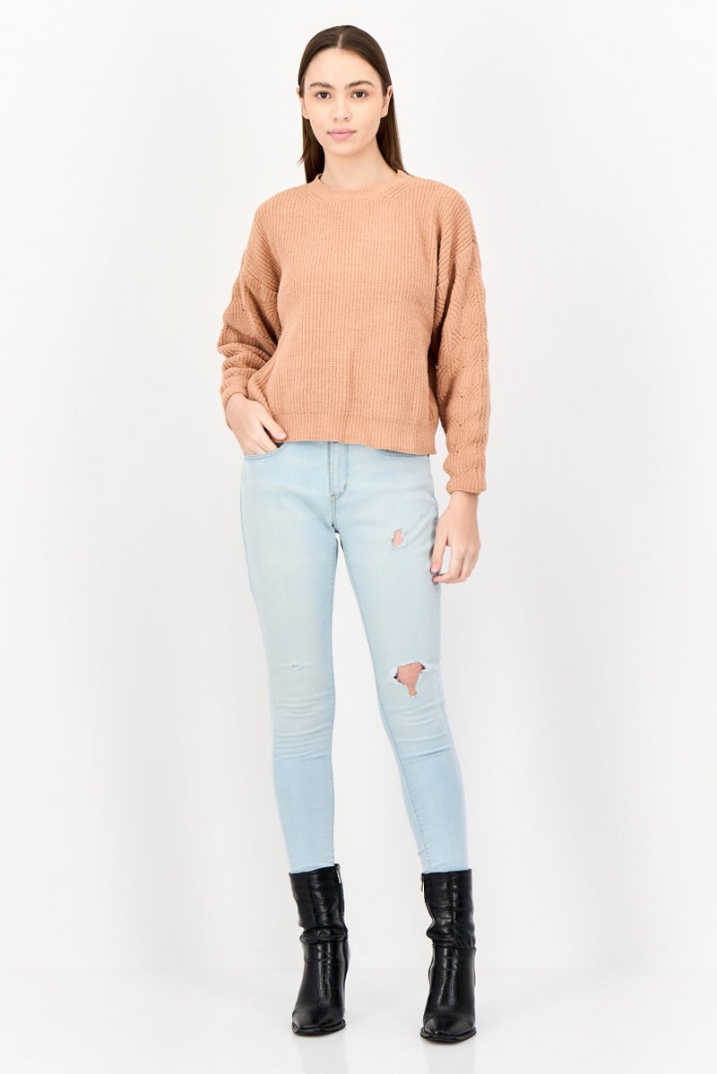 POOF سويت شيرت محبوك بياقة دائرية للنساء، بني فاتح - Image 4