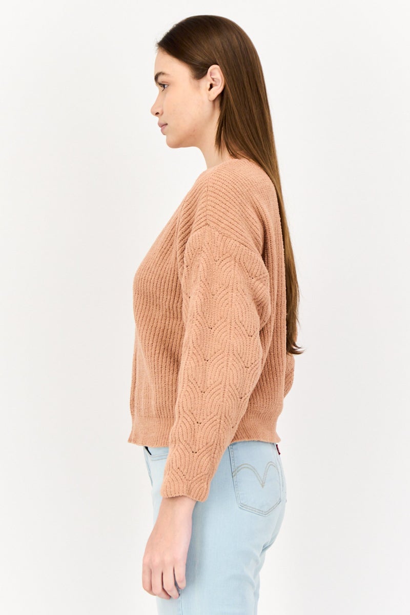 POOF Women Crew Neck Knitted Sweater, Light Brown - Image 2