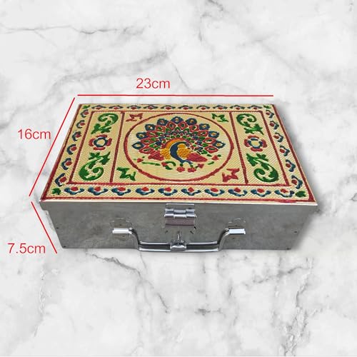 GinoSet® Stainless Steel Storage Box, Cash Box, Pooja Peti, Organizer, Vanity Storage Box, Jewellery Safe Bank Locker, Cash Box With Handicrafts Digital Meena Kari Design (Yellow, 9 Inch) - Image 5