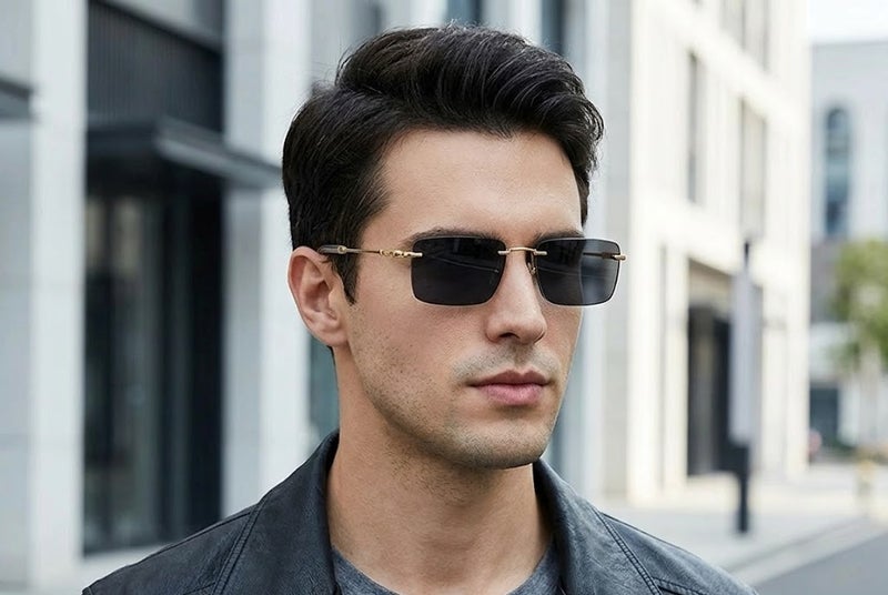 Police SPLP35 Col.300B 57 Rectangle Rimless Sunglasses For Unisex - Gold Metal Frame with Dark Grey Lenses - Image 4